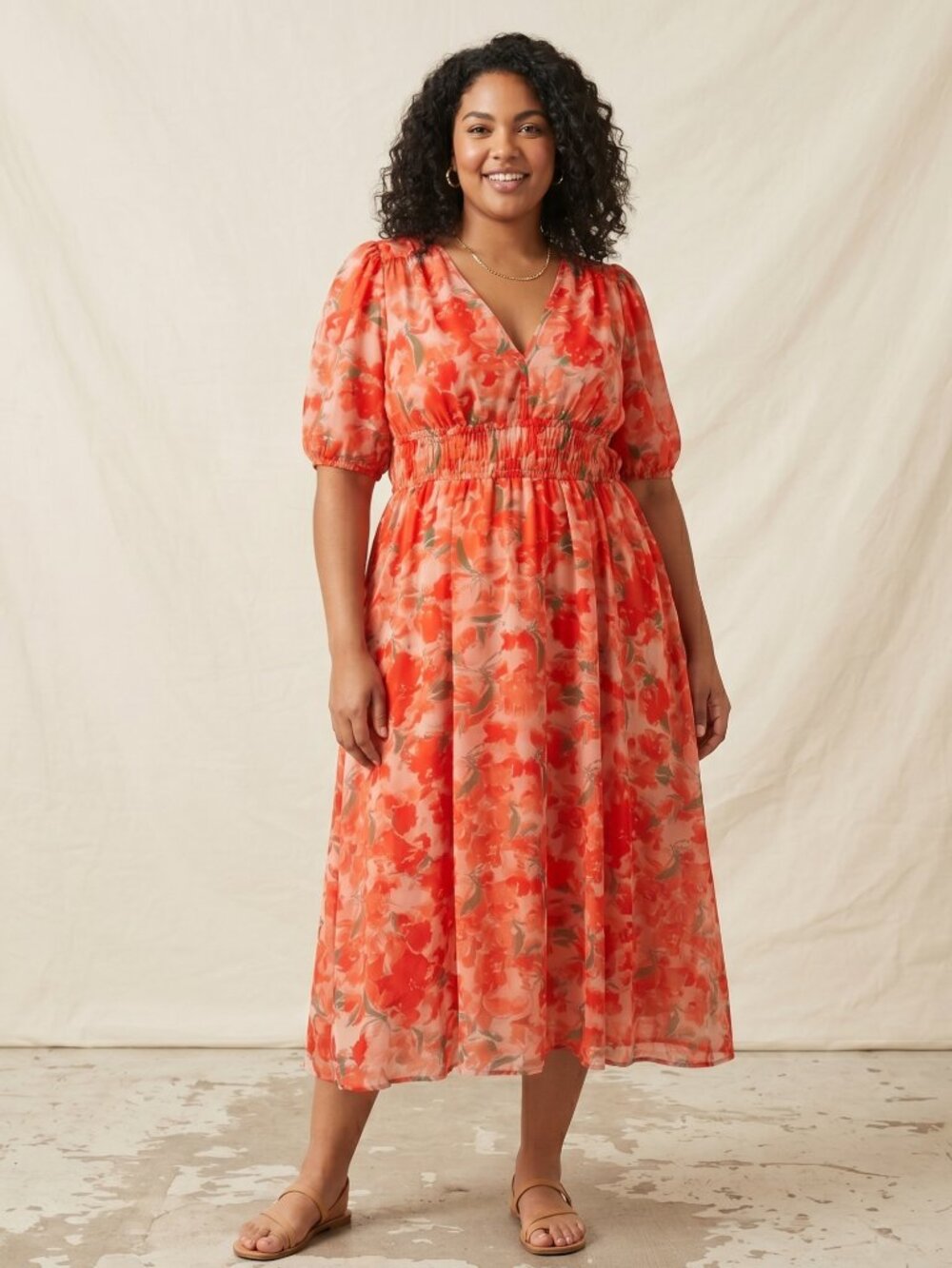 NWOT | LUEAL | Sunset Orange Floral V-Neck Smocked Empire Waist Midi Dress | XL